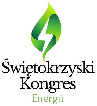 Logo Świętokrzyskiego Kongresu Energii : zielony znak w kształcie płomienia z piorunem, pod nim czarny napis „Świętokrzyski Kongres”, a niżej jasny zielony napis „Energii”.