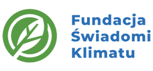 Logo Fundacji Świadomi Klimatu: po lewej okrągły zielony znak z liściem w środku, po prawej niebieski napis „Fundacja Świadomi Klimatu”.