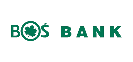 Logo BOŚ Bank: zielony napis „BOŚ BANK”, litera „O” zawiera symbol liścia wpisanego w okrąg.