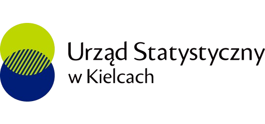 Logo Urzędu Statystycznego w Kielcach: dwa nachodzące na siebie okręgi — górny limonkowy z ukośnymi ciemnymi paskami w dolnej części, dolny granatowy — obok czarny napis ‘Urząd Statystyczny w Kielcach’.