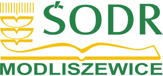 Logo ŚODR Modliszewice: zielony skrót „ŚODR”, poniżej żółty symbol stylizowanej księgi i zielony napis „MODLISZEWICE”; po lewej żółto-zielona grafika przypominająca kłosy zbóż.