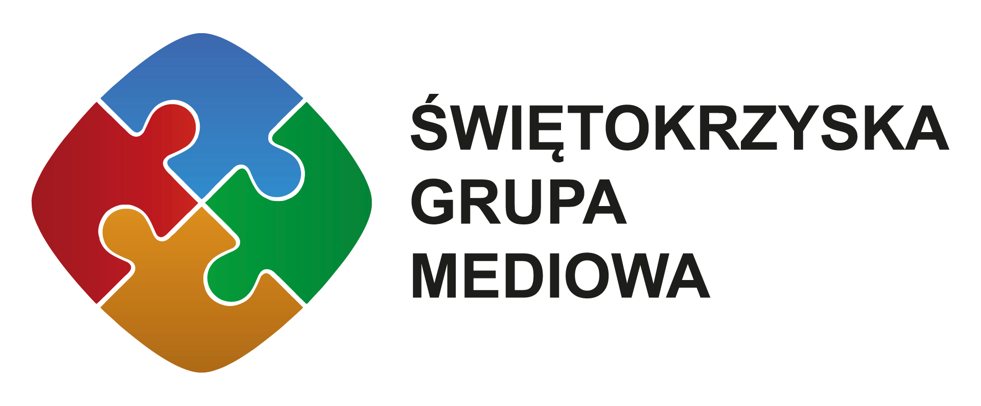 Logo Świętokrzyskiej Grupy Mediowej: po lewej czterokolorowy znak z puzzli (niebieski, czerwony, zielony i pomarańczowy), po prawej czarny napis „ŚWIĘTOKRZYSKA GRUPA MEDIOWA”.
